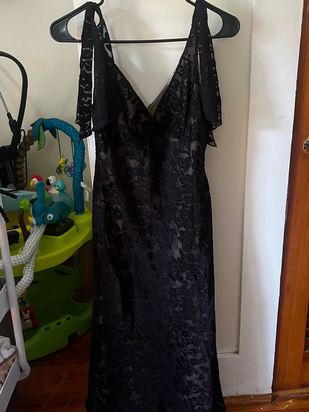 Evan Picone Black Floral Jacquard Slip Dress with Lace Straps